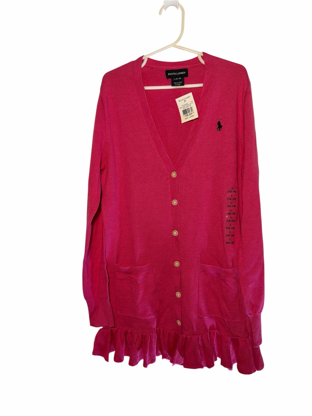 Ralph Lauren Hot Pink Ruffle-Hem V-Neck Cardigan Girls Size Large 12/14